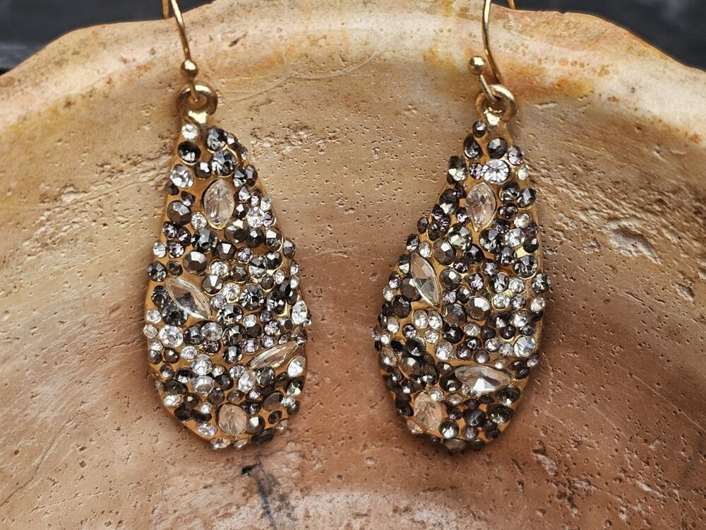 Gold Tone Teardrop Dangle Hook Earrings Clear Crystal Rhinestone Drop